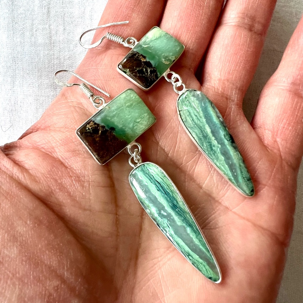 925 Omg Omg! Boulder Chrysoprase Long Earrings